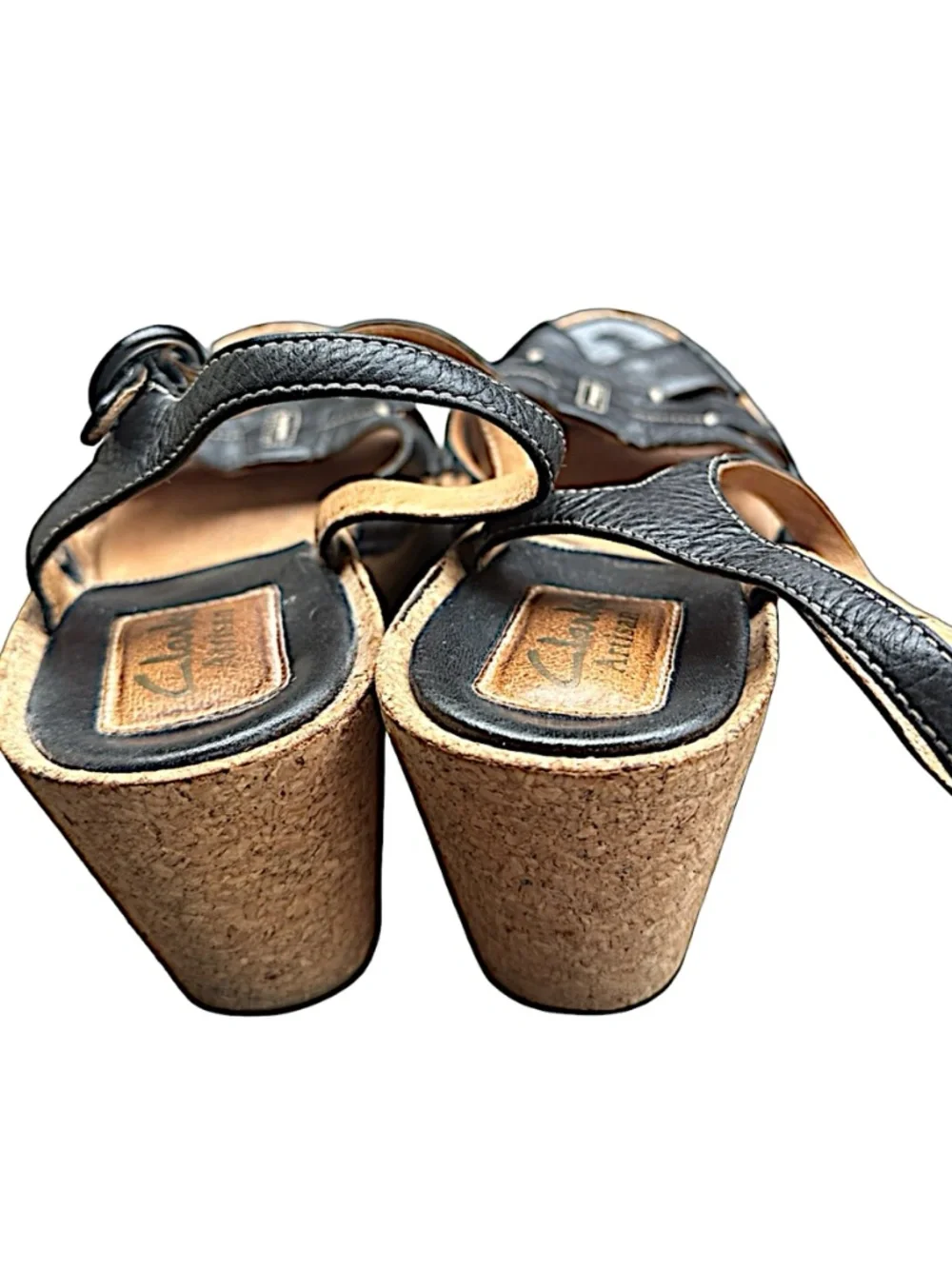 CLARKS Artisan Women’s Wedge Sandals 8Size M Black Leather Cork Heel Shoes